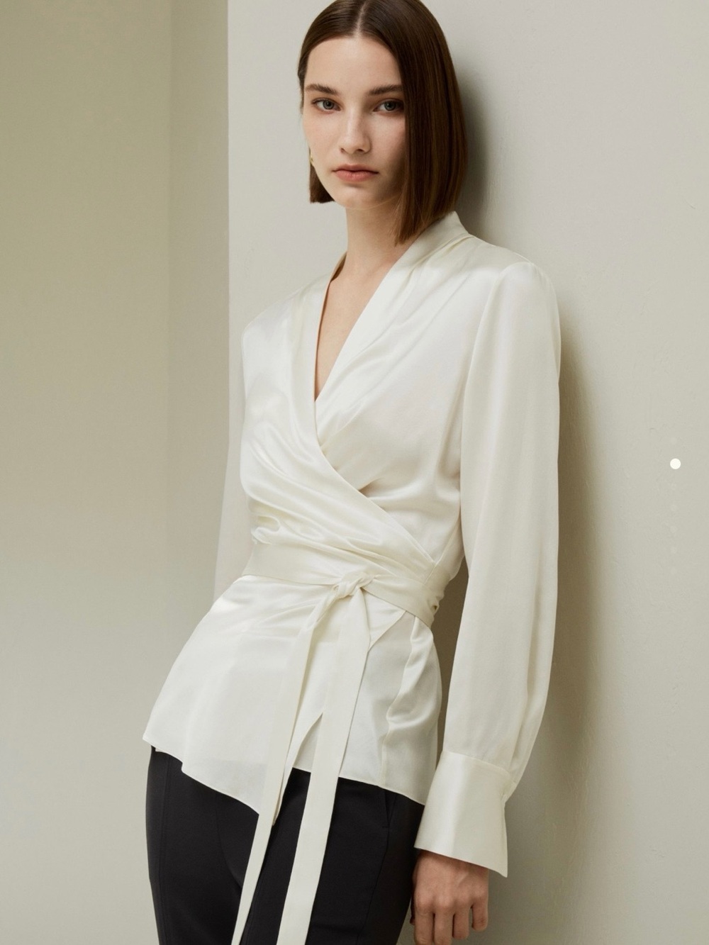 Silk Wrap Blouse in Ivory - Women Tops